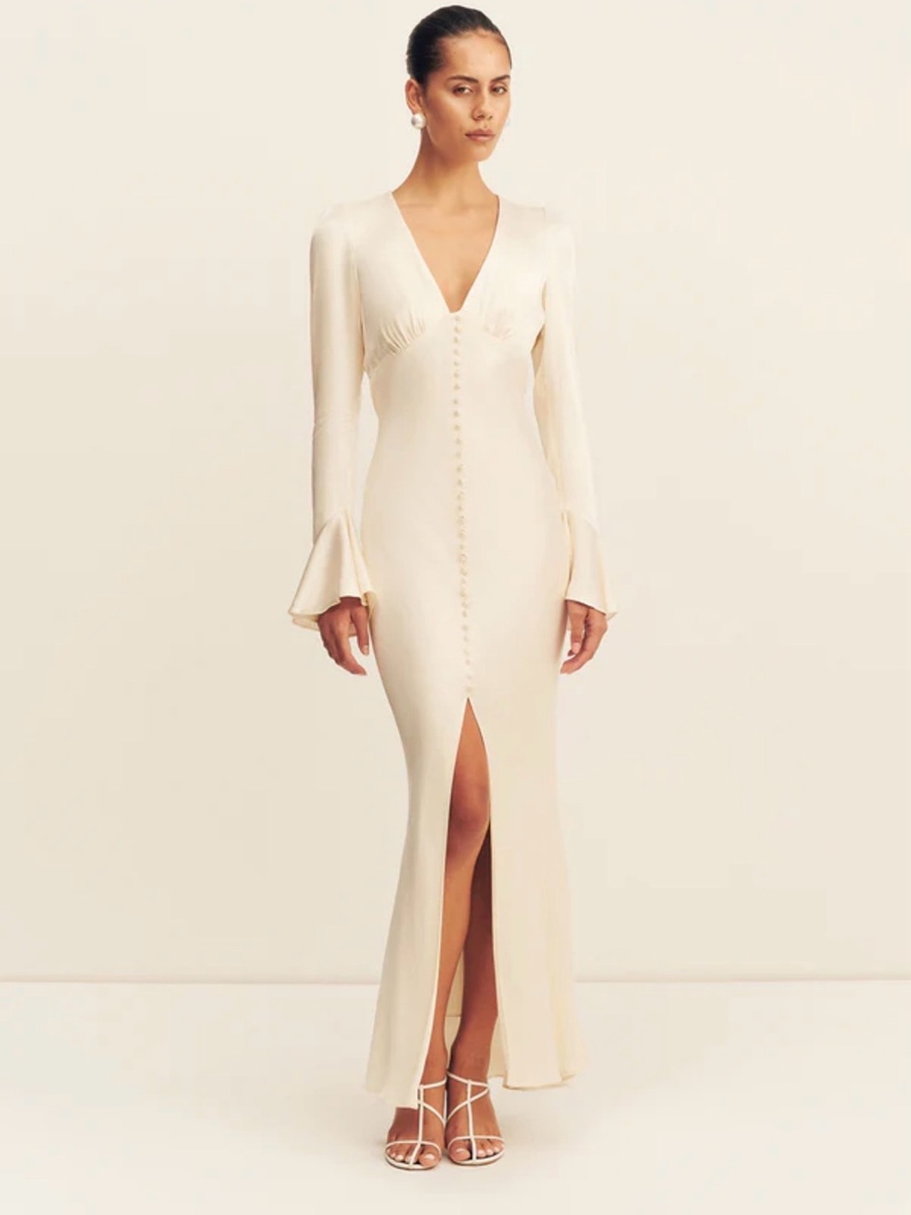 Shona Joy Cream V-Neck Long-Sleeve Maxi Dress with Front Buttons